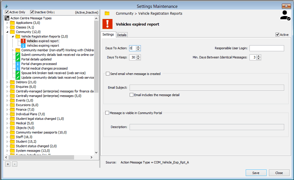 Settings Maintenance - Settings tab