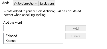Spelling Options - Custom Dictionary tab - Adds sub-tab