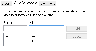 Spelling Options - Custom Dictionary tab - Auto-Corrections sub-tab