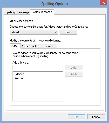 Spelling Options - Custom Dictionary tab