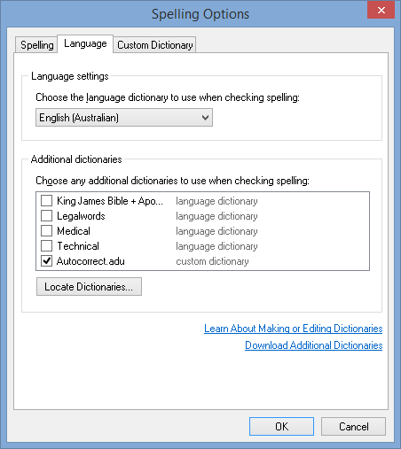 Spelling Options - Language tab