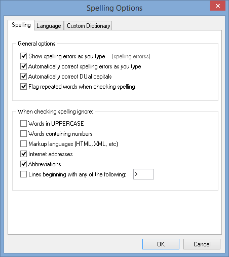 Spelling Options - Spelling tab