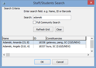 Staff-Students Search Criteria window (populated, selecting a student)
