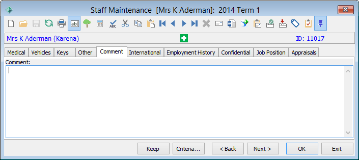 Staff Maintenance - Comment tab