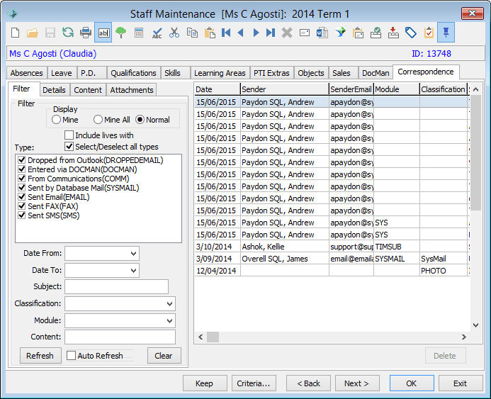 Staff Maintenance - Correspondence tab
