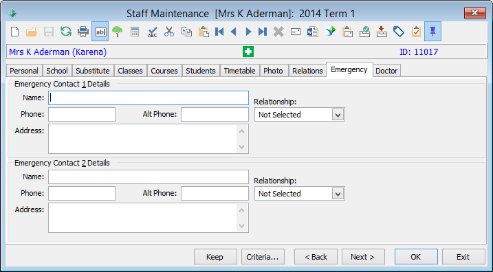 Staff Maintenance - Emergency tab