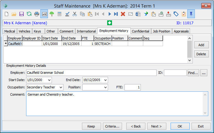 Staff Maintenance - Employment History tab