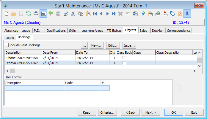 Staff Maintenance - Objects tab - Bookings sub-tab