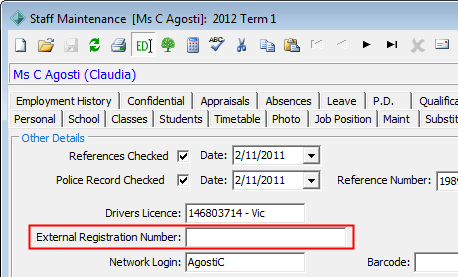 Staff Maintenance - Other tab (External Registration Number highlighted for wn)