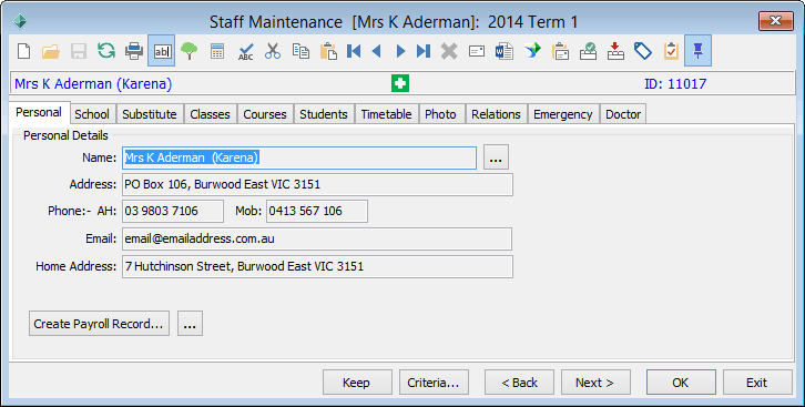 Staff Maintenance - Personal tab