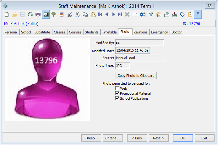 Staff Maintenance - Photo tab