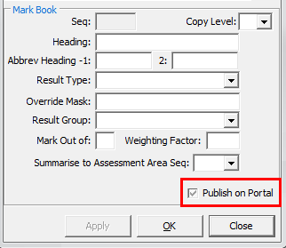 Staff Mark Book (Mark book area, publish in portal highlighted)