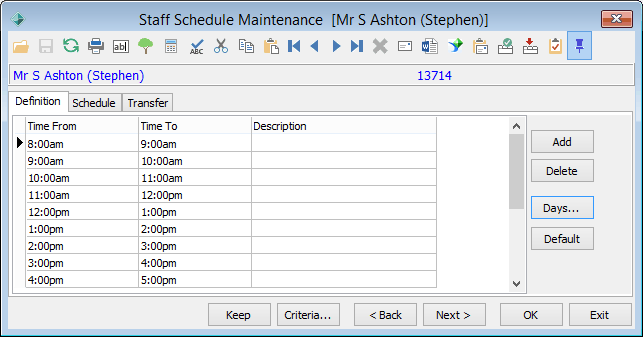 Staff Schedule Maintenance - Definition tab