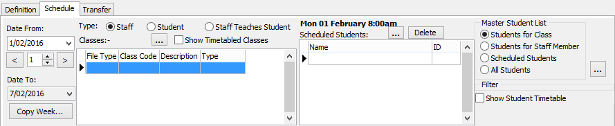 Staff Schedule Maintenance - Schedule tab (Fields cutdown)