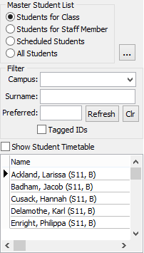 Staff Schedule Maintenance - Schedule tab (Master Student List area cutdown)