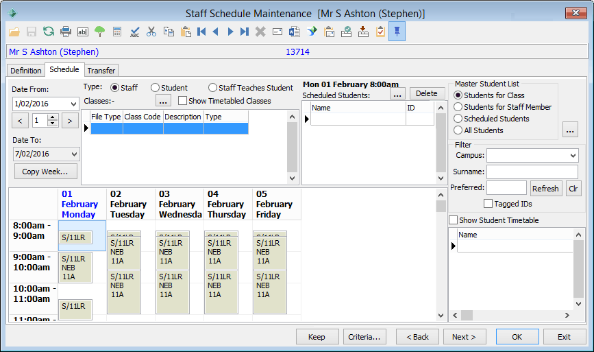 Staff Schedule Maintenance - Schedule tab