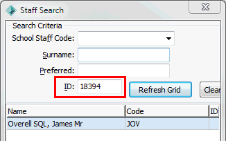 Staff Search window (ID field highlighted)