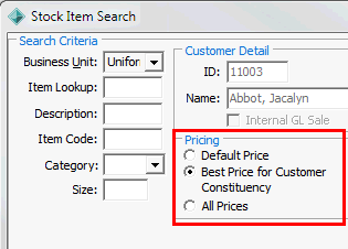 Stock Item Search (cut down, Pricing area highlighted)