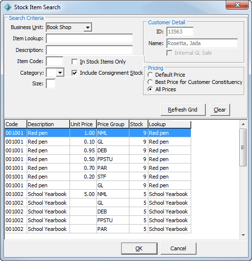 Stock Item Search window (populated)