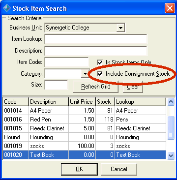 Stock Item Search window (populated, highlighted Include Consignment Stock field)