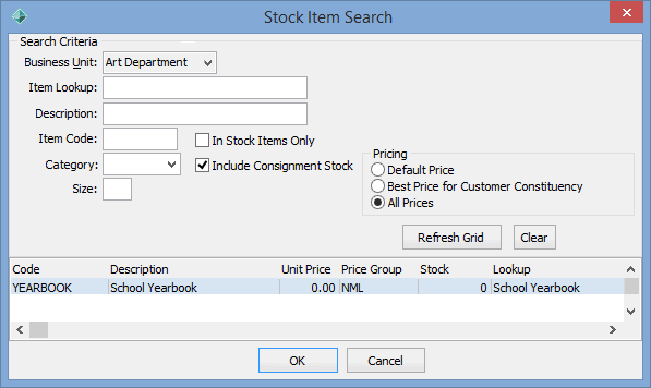 Stock Item Search window