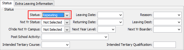 Current Student Maintenance - School tab (Status area, Student repeating, next year)