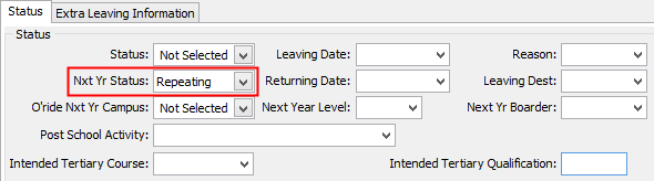 Current Student Maintenance - School tab (Status area, Student repeating)