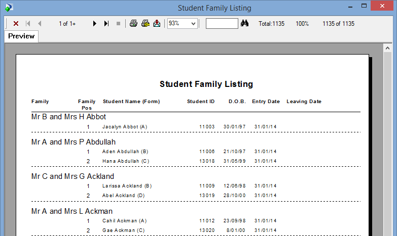 Student Family Listing window