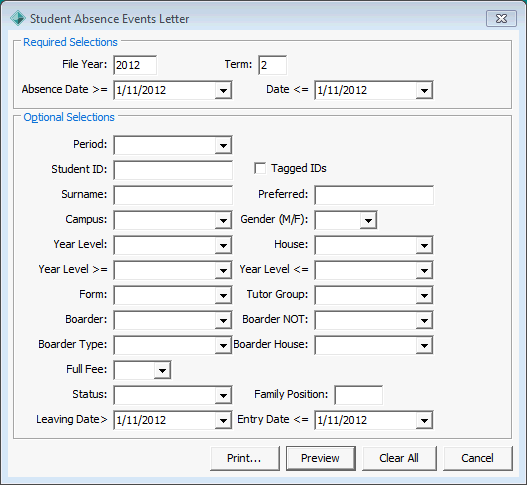 Student Absence Events Letter report selections