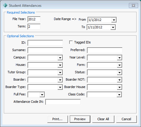 Student Attendances report selections
