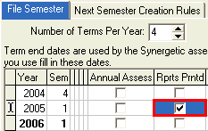 Student File Semester Maintenance - File Semester tab (Rprts Prntd)