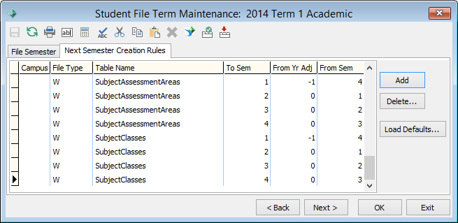 Student File Semester Maintenance - Next Semester Creation Rules tab