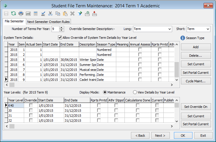 Student File Semester Maintenance - File Semester tab