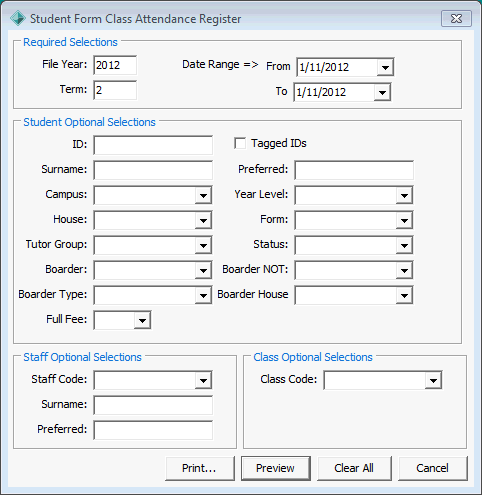 Student Form Class Attendance Register