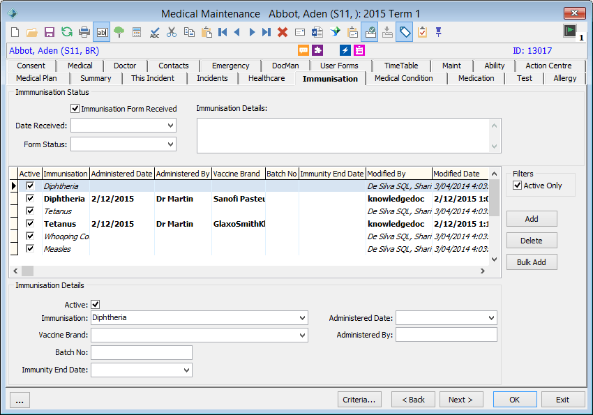 Medical Maintenance - Immunisation tab