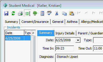 Student Medical - Incidents tab (Sick bay example)