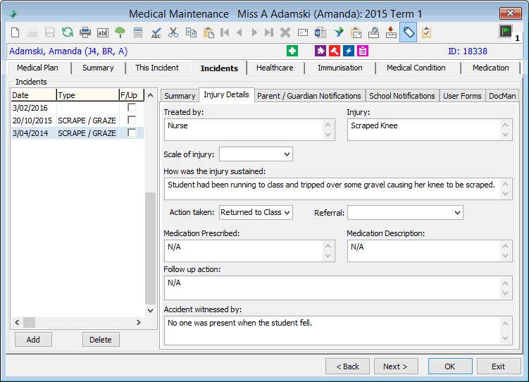 Medical Maintenance - Incidents tab - Injury Details tab