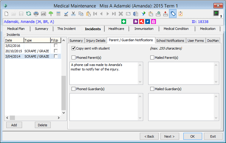 Medical Maintenance - Incidents tab - Parent/Guardian Notifications tab