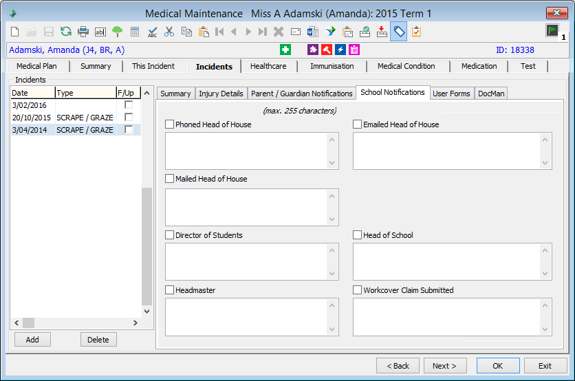 Medical Maintenance - Incidents tab - School Notification tab