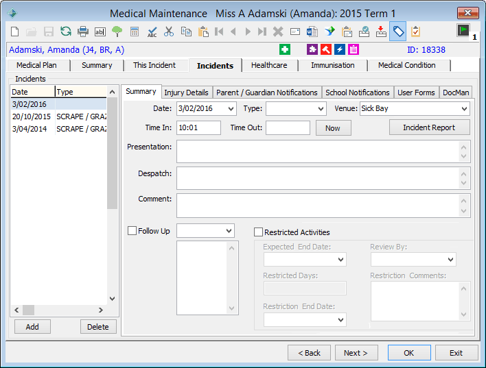Student Medical - Incidents tab - Summary sub-tab(populated)