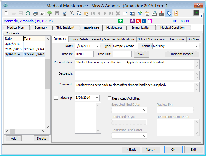 Student Medical - Incidents tab - Summary sub-tab(populated, example 2)