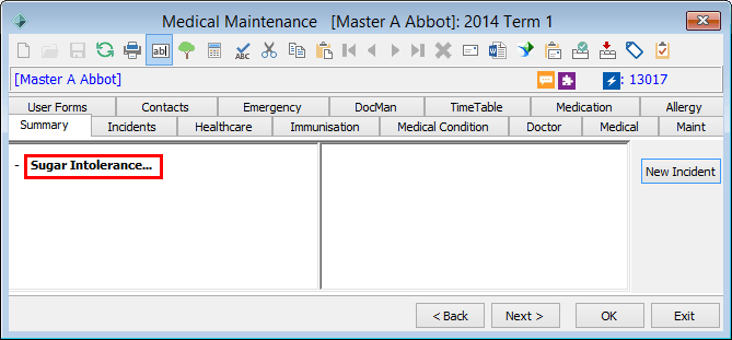Student Medical - Summary tab (cut down, sugar intolerance highlighted)