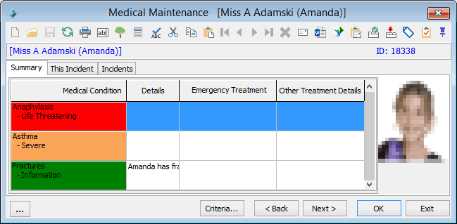 Medical Maintenance - Summary tab (cut down)
