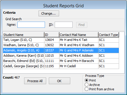 Student Reports Grid window