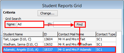 Student Reports Grid window (Name example)