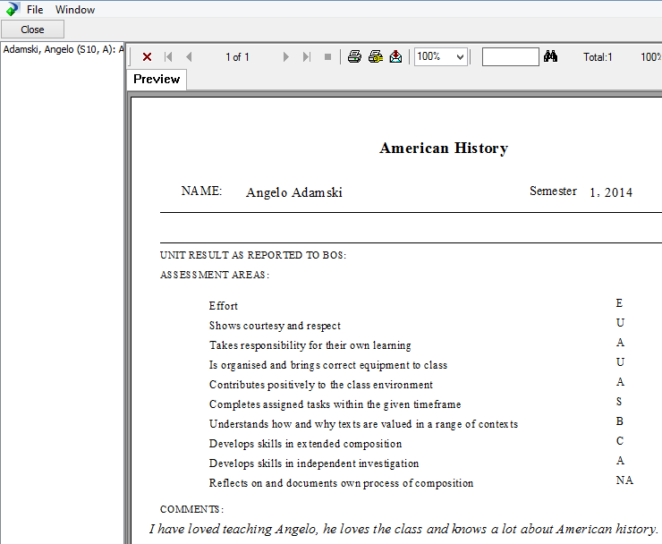 Student Reports Preview window
