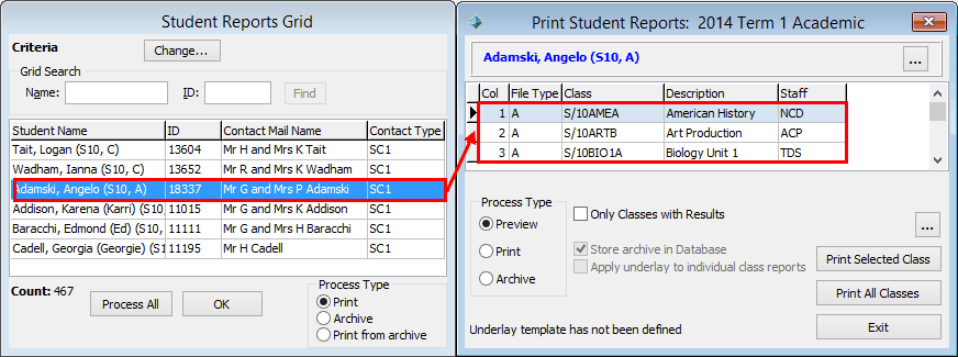 Student Reports windows