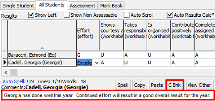 Student Results Maintenance - All Students tab (C Bnk button)