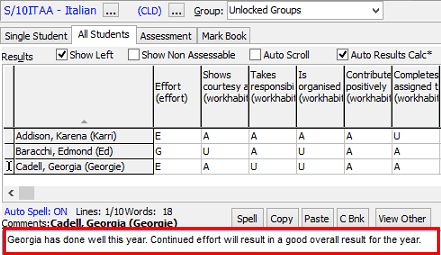 Student Results Maintenance - All Students tab (overall comments)