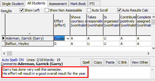 Student Results Maintenance - All Students tab (overall comment)